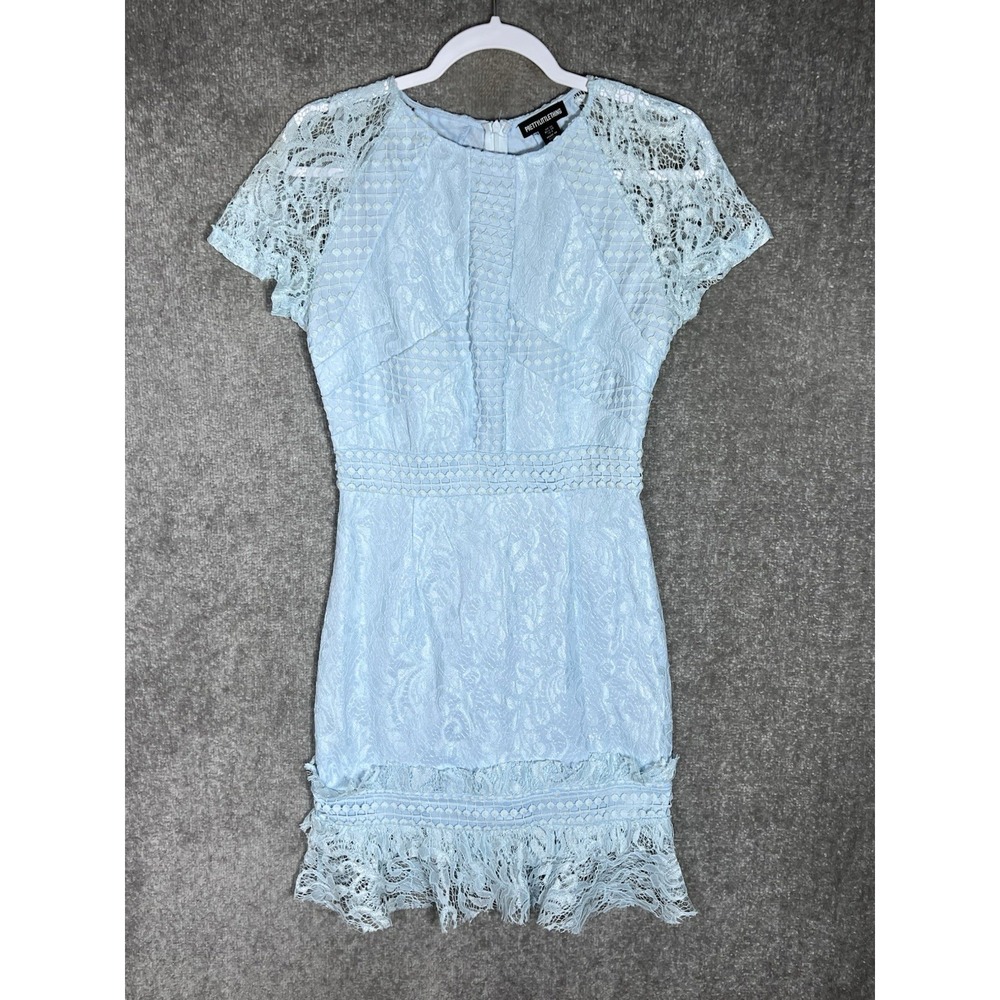 Pretty Little Thing Dress Womens Size 6 Blue Lace Overlay Raw Edges Crochet